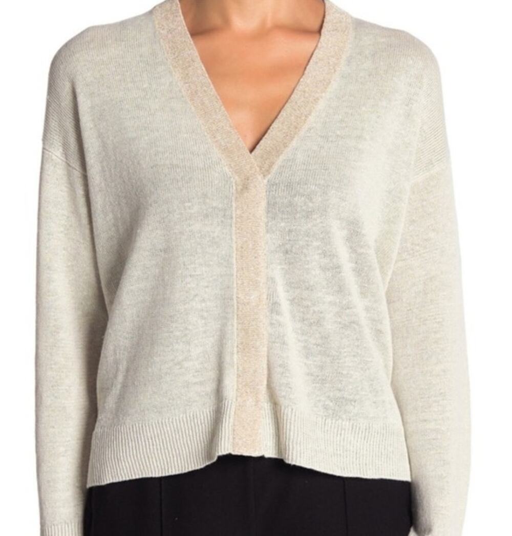 Eileen Fisher Organic Linen Cardigan PS Metallic Beige Minimal Earthy Natural